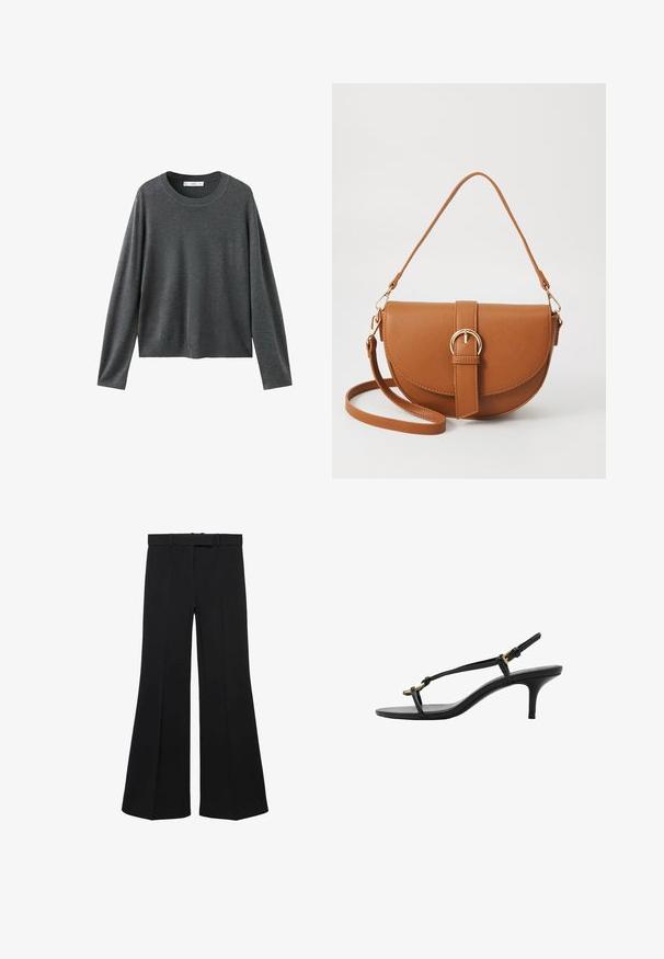 Gray knitted sweater with long sleeves, round neckline, and a relaxed fit. Made from soft fabric with a smooth texture and no visible patterns.; Black wide-leg trousers with a high waist, structured design, and front creases. Made from a smooth fabric with a discreet waistband and belt loops.; Black leather kitten heel sandal with thin straps, gold buckle, and minimalist toe loop on a white background.; Brown leather crossbody bag with a curved shape, gold hardware, and a buckle accent. Features a detachable shoulder strap.