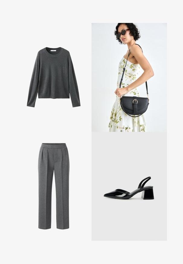 Szary dziany sweter z długimi rękawami, okrągłym dekoltem i luźnym krojem. Wykonany z miękkiego materiału o gładkiej fakturze i bez widocznych wzorów.; Szare spodnie w kant wykonane z miękkiego materiału. Posiadają płaski przód i szerokie nogawki, zapewniając luźny krój. Brak widocznych elementów metalowych lub akcentów.; Czarne lakierowane półbuty na obcasie z wydłużonym noskiem i geometrycznym słupkiem. Charakteryzują się eleganckim, minimalistycznym designem oraz gładką fakturą.; Czarna skórzana torebka o zakrzywionym kształcie, z odpinanym paskiem i złotymi akcentami. Torebka posiada klapę z zapięciem w kształcie klamry.