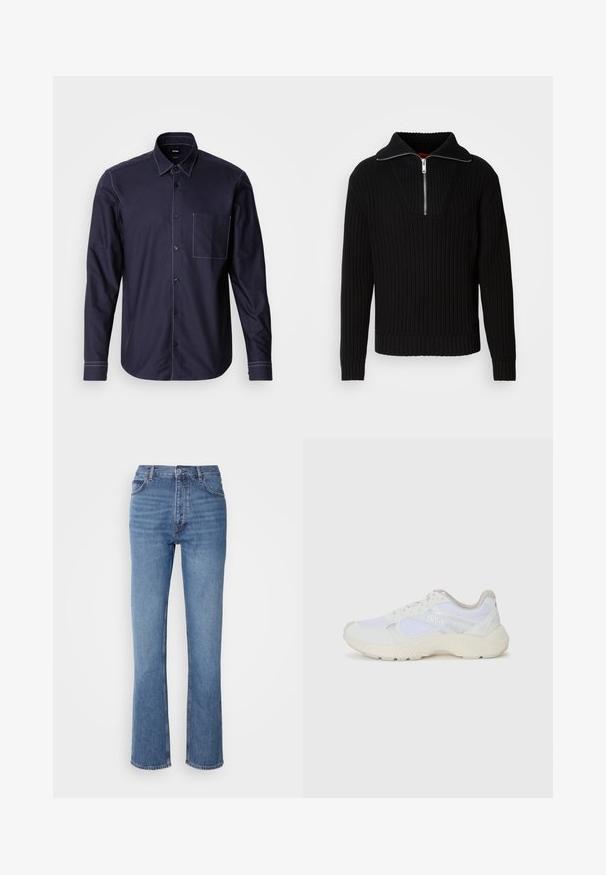 Fekete bordás pulóver magas gallérral és rövid cipzárral. Texturált anyaggal és testre szabott mandzsettákkal rendelkezik, amely struktúrált siluettet biztosít.; Tengeri gombos ing pamut keverékből, fehér kontrasztos varrással, mellzsebből és klasszikus gallér kialakítással.; Kék farmernadrág magas derékkal, egyenes szabású dizájnnal és enyhe kopással. Jellemzője az klasszikus öt zsebes kialakítás és cipzáras zárás.; Fehér sportcipők, amelyek hálós és velúr anyagból készültek, texturált középtalppal, texturált részletekkel és a "HUGO" logóval az oldalon.