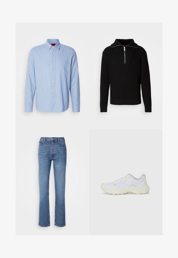 Czarny sweter żeberkowy z wysokim kołnierzem i krótkim zamkiem. Posiada teksturowany materiał oraz dopasowane mankiety, co nadaje mu zarysowaną sylwetkę.; Jasnoniebieska, długa koszula z guzikami, wykonana z teksturowanej tkaniny. Posiada kołnierzyk zapinany na guziki oraz kieszeń na lewym piersiowym kawałku z subtelnym detalem w postaci przeszycia.; Niebieskie dżinsy o wysokim stanie, prostym kroju nogawek i subtelnych przetarciach. Posiadają klasyczny pięciopakowy styl oraz zamek błyskawiczny.; Białe sportowe buty wykonane z siateczki i zamszu, z teksturowaną podeszwą środkową, teksturowanymi akcentami i logo "HUGO" z boku.