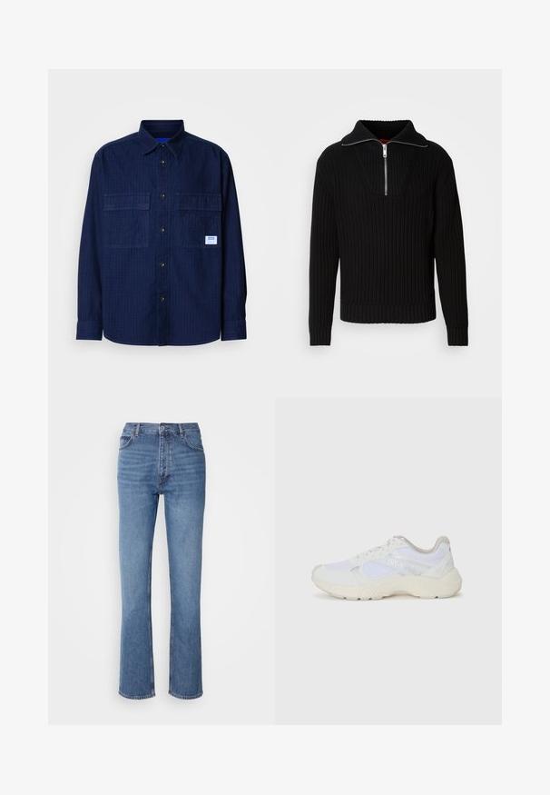 Sweater preto com nervuras, colarinho alto e fecho de correr curto. Apresenta um tecido texturizado e punhos ajustados, proporcionando uma silhueta estruturada.; Camisa azul marinho de manga longa, com botões, dois bolsos no peito e um pequeno rótulo branco no bolso direito.; Jeans de ganga azuis com cintura alta, design de perna reta e um desbotado subtil. Apresenta o clássico estilo de cinco bolsos e um fecho com fecho éclair.; Ténis brancos desportivos feitos de malha e camurça, com uma entressola texturizada, elementos texturizados e o logótipo "HUGO" na lateral.