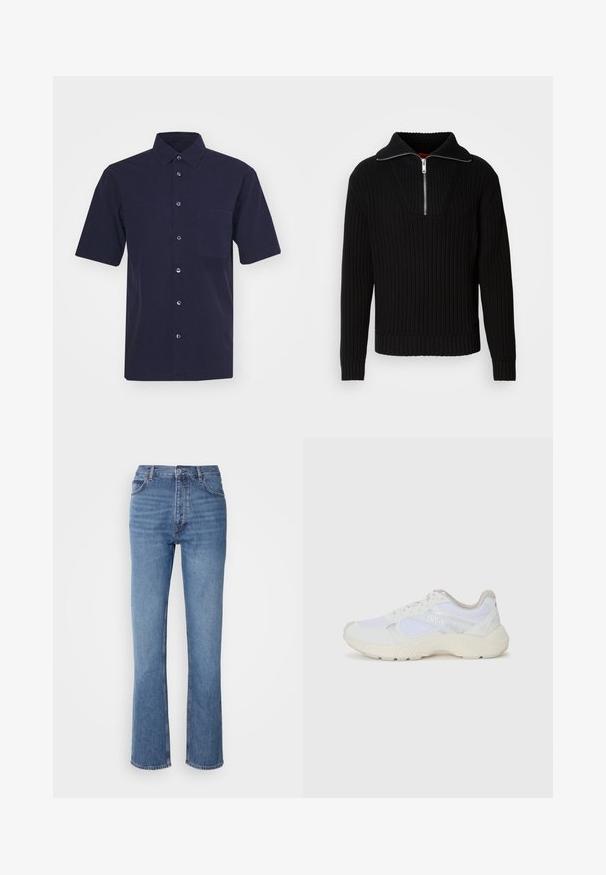 Schwarzer gerippter Pullover mit hohem Kragen und kurzem Reißverschluss. Verfügt über einen strukturierten Stoff und enganliegende Bündchen, die eine konturierte Silhouette bieten.; Dunkelblaues Kurzarmhemd aus einem glatten Stoff. Verfügt über einen klassischen Kragen, eine Knopfleiste und eine Brusttasche.; Blaue Denim-Jeans mit hoher Taille, geradem Bein und dezenter Ausbleichung. Verfügt über einen klassischen Fünf-Taschen-Stil und einen Reißverschluss.; Weiße Sportschuhe aus Mesh und Wildleder, mit einer strukturierten Zwischensohle, strukturierten Akzenten und dem "HUGO"-Logo an der Seite.