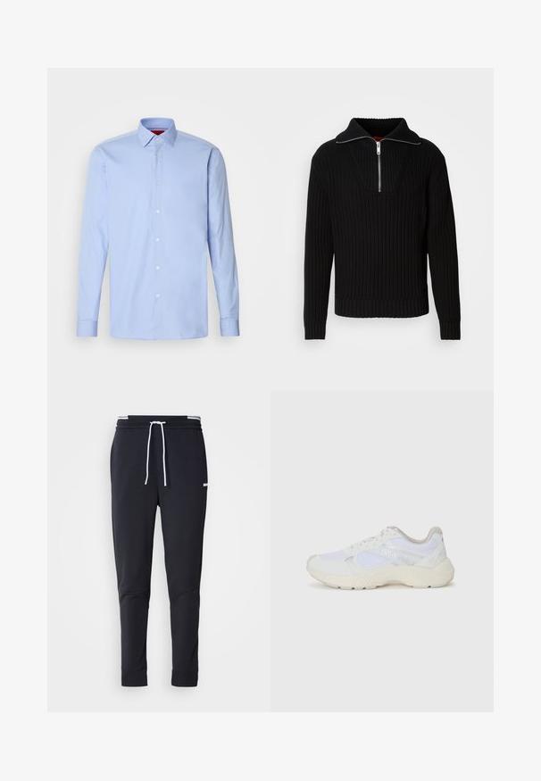 Zwarte geribde trui met hoge kraag en korte rits. Heeft een gestructureerde stof en aangesloten manchetten voor een sculpturale silhouet.; Lichtblauw overhemd met lange mouwen, gemaakt van katoen, met een klassieke kraag en een knoopsluiting aan de voorkant met witte knopen. Soepele textuur.; Zwarte slim-fit joggerbroek met witte trekkoord, elastische tailleband met witte strepen en klein wit logo op het bovenbeen.; Witte sportief schoenen van mesh en suede, met een gestructureerde tussenzool, gestructureerde accenten en het "HUGO" logo aan de zijkant.