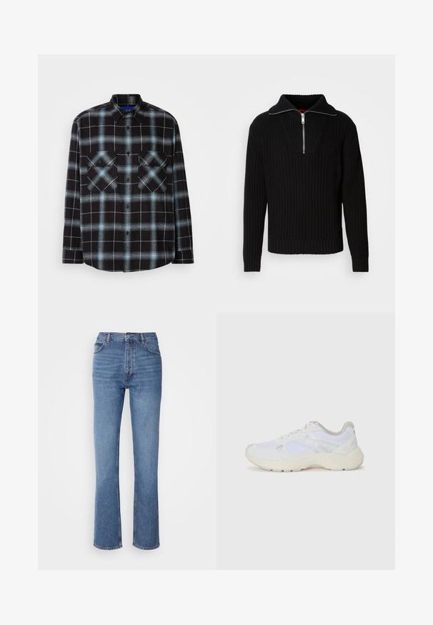 Maglione nero a coste con colletto alto e corta zip. Presenta un tessuto testurizzato e polsini aderenti, offrendo una silhouette strutturata.; Camicia di flanella a quadri nera e blu chiaro con maniche lunghe, chiusura frontale con bottoni, colletto e due tasche sul petto con chiusura a patta.; Jeans in denim blu con vita alta, design a gamba dritta e leggera sbiaditura. Presentano il classico stile a cinque tasche e chiusura con zip.; Scarpe da ginnastica bianche in mesh e suede, con una suola intermedia testurizzata, dettagli testurizzati e il logo "HUGO" sul lato.