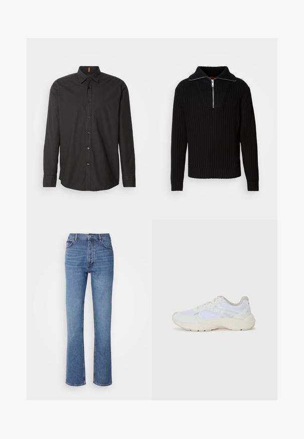 Sweater preto com nervuras, colarinho alto e fecho de correr curto. Apresenta um tecido texturizado e punhos ajustados, proporcionando uma silhueta estruturada.; Camisa preta de mangas longas feita de tecido leve. Apresenta um colarinho abotoado, botões à frente e um logótipo bordado no peito.; Jeans de ganga azuis com cintura alta, design de perna reta e um desbotado subtil. Apresenta o clássico estilo de cinco bolsos e um fecho com fecho éclair.; Ténis brancos desportivos feitos de malha e camurça, com uma entressola texturizada, elementos texturizados e o logótipo "HUGO" na lateral.