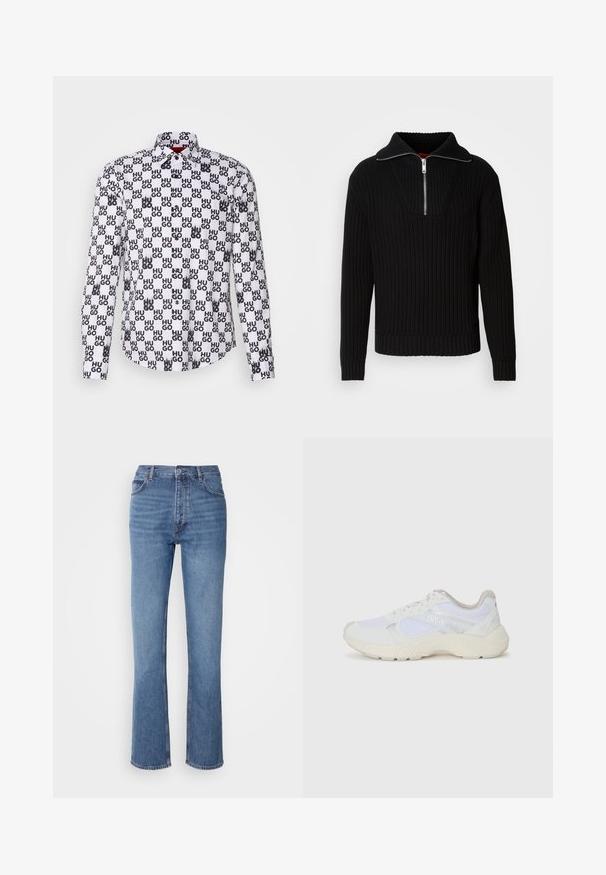 Svart ribbestrikket genser med høy krage og kort glidelås. Har teksturert stoff og tettsittende mansjetter, som gir en strukturert silhuett.; HUGO ERMO - Button down-skjorte - open white; Blå denimjeans med høy midje, rett ben-design og subtil falming. Har klassisk fem-lomme stil og glidelås lukking.; Hvit idrettssko laget av mesh og skinn, med en teksturert mellomsåle, teksturerte detaljer og "HUGO"-logo på siden.