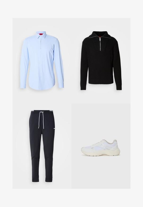 Zwarte geribde trui met hoge kraag en korte rits. Heeft een gestructureerde stof en aangesloten manchetten voor een sculpturale silhouet.; Lichtblauwe langarmshirt van zachte stof, met een knoopsluiting aan de voorkant, een spreidkraag en een afgeronde onderkant. Merklabel zichtbaar aan de binnenkant van de kraag.; Zwarte slim-fit joggerbroek met witte trekkoord, elastische tailleband met witte strepen en klein wit logo op het bovenbeen.; Witte sportief schoenen van mesh en suede, met een gestructureerde tussenzool, gestructureerde accenten en het "HUGO" logo aan de zijkant.