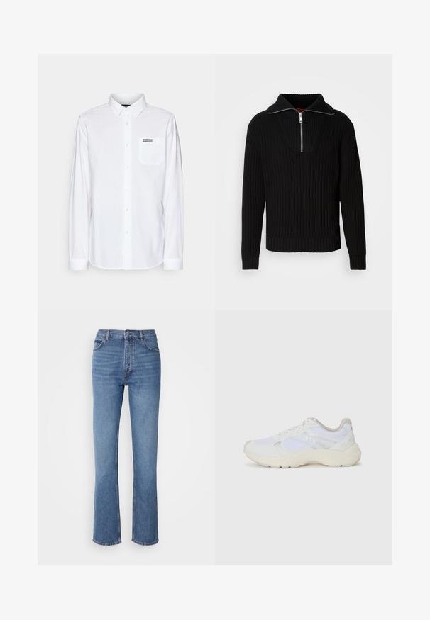Sweater preto com nervuras, colarinho alto e fecho de correr curto. Apresenta um tecido texturizado e punhos ajustados, proporcionando uma silhueta estruturada.; Barbour International KINETIC SHIRT - Camisa - white; Jeans de ganga azuis com cintura alta, design de perna reta e um desbotado subtil. Apresenta o clássico estilo de cinco bolsos e um fecho com fecho éclair.; Ténis brancos desportivos feitos de malha e camurça, com uma entressola texturizada, elementos texturizados e o logótipo "HUGO" na lateral.