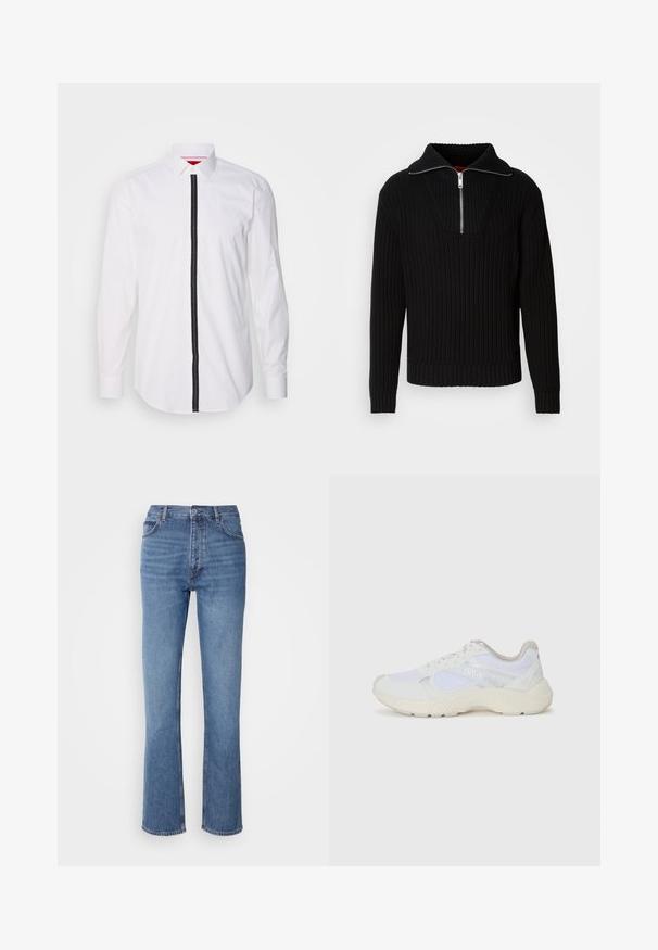 Must mustriba teksas, millel on kõrge krae ja lühike tõmblukk. Omab tekstuurset kangast ja lähedasi varrukaid, pakkudes struktureeritud siluetti.; Valge pika varrukaga särk, millel on must vertikaalne triip ees, nupuga krae ja sile tekstuur.; Sinised denim teksad kõrge vöökoha, sirge jala disaini ja kerge pleekimisega. Omavad klassikalist viit taskut ja tõmbluku sulgemist.; Valged sportlikud jalanõud, mis on valmistatud võrkkangast ja seemisnahast, sisaldavad tekstureeritud vahetald, tekstureeritud aktsentide ning küljes oleva "HUGO" logo.