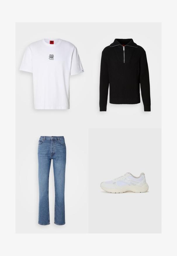 Melna ribota džemperis ar augstu apkakli un īsu rāvējslēdzēju. Iezīmējas ar teksturētu audumu un pieguļošām aprocēm, radot strukturētu siluetu.; Balta kokvilnas t-krekls ar īsām piedurknēm, kas krūšu daļā rotāts ar pelēku grafisko logo. Apaļa kakla izgriezuma, parasts piegriezums, gluda tekstūra.; Zilā denima bikses ar augstu jostasvietu, taisnas kājas dizainu un vieglu nolietojumu. Satur klasisku piecu kabatu stilu un ar rāvējslēdzēju aizdari.; Baltas sporta apavi, kas izgatavoti no sieta un zamšāda, ar teksturētu starpzoli, teksturētām akcentēm un "HUGO" logo sānos.