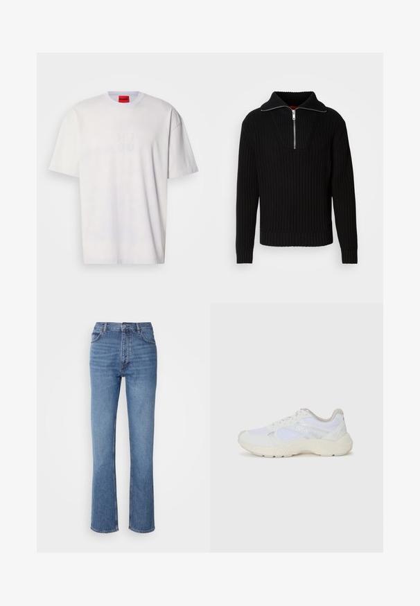 Must mustriba teksas, millel on kõrge krae ja lühike tõmblukk. Omab tekstuurset kangast ja lähedasi varrukaid, pakkudes struktureeritud siluetti.; Valge puuvillane T-särk, millel on ümmargune kaelus, madaldatud õlad ja esiküljel rikkalikult reljeefne "HUGO" logo. Sile tekstuur, mugav lõige.; Sinised denim teksad kõrge vöökoha, sirge jala disaini ja kerge pleekimisega. Omavad klassikalist viit taskut ja tõmbluku sulgemist.; Valged sportlikud jalanõud, mis on valmistatud võrkkangast ja seemisnahast, sisaldavad tekstureeritud vahetald, tekstureeritud aktsentide ning küljes oleva "HUGO" logo.