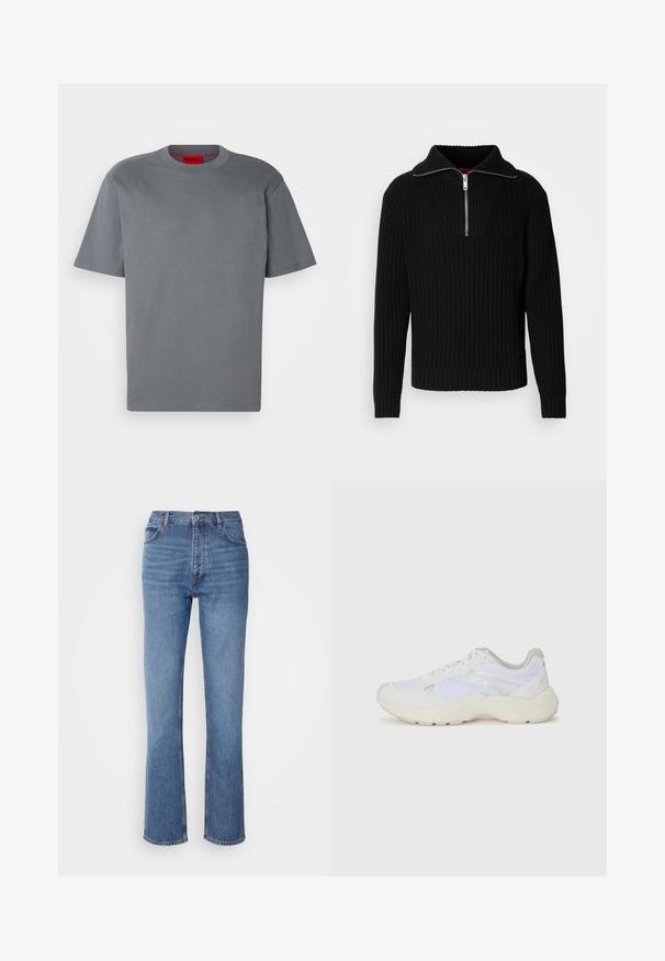 Fekete bordás pulóver magas gallérral és rövid cipzárral. Texturált anyaggal és testre szabott mandzsettákkal rendelkezik, amely struktúrált siluettet biztosít.; Szürke pamut póló rövid ujjal. Kerek nyakkivágással és finoman dombornyomott logóval a közepén. Simább textúra, minimalista dizájn.; Kék farmernadrág magas derékkal, egyenes szabású dizájnnal és enyhe kopással. Jellemzője az klasszikus öt zsebes kialakítás és cipzáras zárás.; Fehér sportcipők, amelyek hálós és velúr anyagból készültek, texturált középtalppal, texturált részletekkel és a "HUGO" logóval az oldalon.