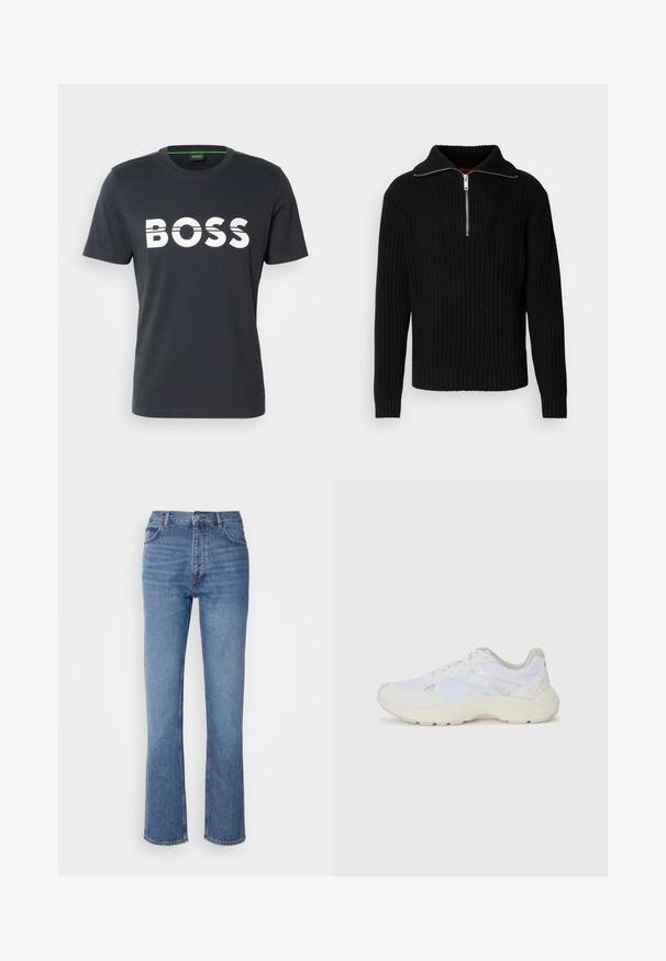 Musta ribbattu neule, jossa on korkea kaulus ja lyhyt vetskari. Sen kankaan pinta on teksturoitu ja hihansuissa on tiukka istuvuus, mikä luo rakenteellisen siluetin.; BOSS TEE - Printtipaita - dark blue; Siniset farkut korkealla vyötäröllä, suoralla lahkeella ja hienovaraisella kulutuksella. Ominaisuuksiin kuuluu klassinen viiden taskun tyyli ja vetoketjukiinnitys.; Valkoiset urheilukengät, jotka on valmistettu verkkokankaasta ja mokasta, sisältävät tekstuurillisen välipohjan, teksturoituja yksityiskohtia ja "HUGO"-logon sivussa.