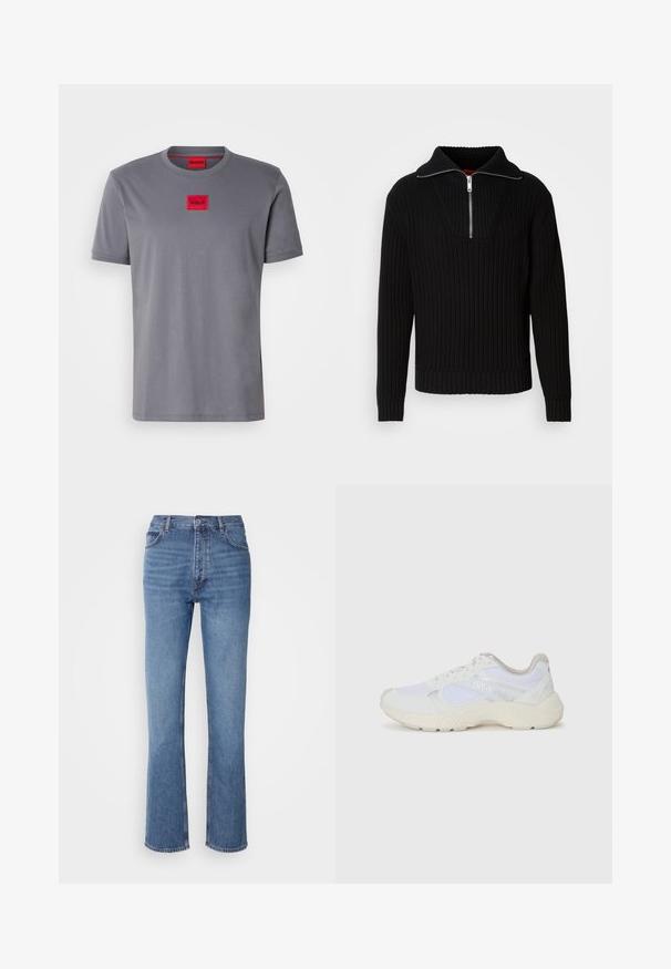 Fekete bordás pulóver magas gallérral és rövid cipzárral. Texturált anyaggal és testre szabott mandzsettákkal rendelkezik, amely struktúrált siluettet biztosít.; Szürke, rövid ujjú pamut póló, középen egy kis piros, téglalap alakú logóval, amelyen a "HUGO" felirat áll. Kerek nyakkivágás.; Kék farmernadrág magas derékkal, egyenes szabású dizájnnal és enyhe kopással. Jellemzője az klasszikus öt zsebes kialakítás és cipzáras zárás.; Fehér sportcipők, amelyek hálós és velúr anyagból készültek, texturált középtalppal, texturált részletekkel és a "HUGO" logóval az oldalon.