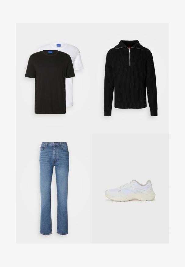 Juodos raukšlėtos megztinis su aukšta apykakle ir trumpu užtrauktuku. Puikuojasi tekstūruota medžiaga ir prigludusių rankovių, suteikiančių struktūruotą siluetą.; Dviejų marškinėlių rinkinys, vieni juodi, kiti baltos spalvos, pagaminti iš medvilnės. Kiekvieni turi apvalų kaklą ir roudoną mėlyną logotipą ant apykaklės.; Mėlyni džinsai su aukštu liemeniu, tiesaus kirpimo dizainu ir subtiliu išblukimu. Turi klasikinį penkių kišenių stilių ir užtrauktuko uždarymą.; Balti sportiniai bateliai, pagaminti iš tinklinės medžiagos ir zomšos, su tekstūruotu viduriu, tekstūruotais akcentais ir „HUGO“ logotipu šone.