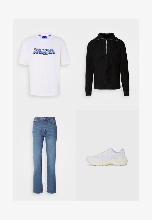 Black ribbed sweater with a high collar and short zipper. Features textured fabric and fitted cuffs, providing a structured silhouette.; White cotton t-shirt featuring a large, stylized "hugo" logo in blue and black, with a floral pattern. Crew neck and short sleeves.; Blue denim jeans with a high waist, straight-leg design, and subtle fading. Features classic five-pocket styling and a zip fly closure.; White athletic shoes made of mesh and suede, featuring a textured midsole, textured accents, and "HUGO" logo on the side.