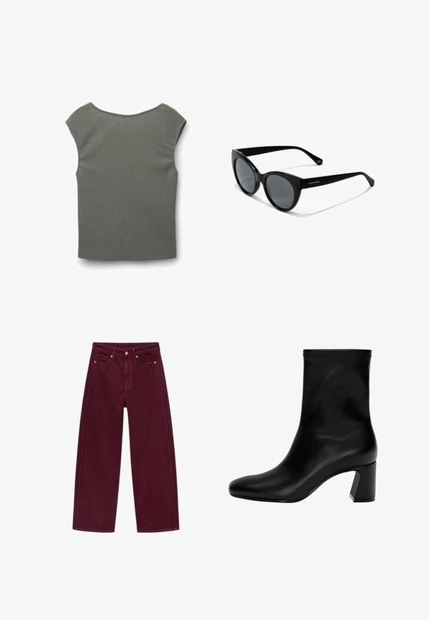 Maglione a collo alto color bordeaux realizzato in morbido tessuto a maglia, con maniche lunghe e collo e orlo a coste, che conferisce una silhouette aderente.; Maglietta a maniche corte di verde tenue, in tessuto testurizzato con scollatura ampia e tondeggiante e un sottile motivo a righe orizzontali.; Jeans a gamba larga color bordeaux realizzati in denim di cotone, caratterizzati da un design a quattro tasche e chiusura con bottone in metallo con cuciture coordinate.; Stivaletto nero fino alla caviglia in pelle liscia. Presenta una punta quadrata, un bordo elastico e un tacco robusto per la stabilità. Design minimalista.; Occhiali da sole a forma di gatto con montatura in plastica nera, lenti grigie e finitura liscia. Presenta il logo sul braccio sinistro e templi curvati.; Borsa a tracolla in pelle nera con design curvo, hardware color oro e manico superiore. Caratterizzata da una chiusura elegante e una superficie liscia.
