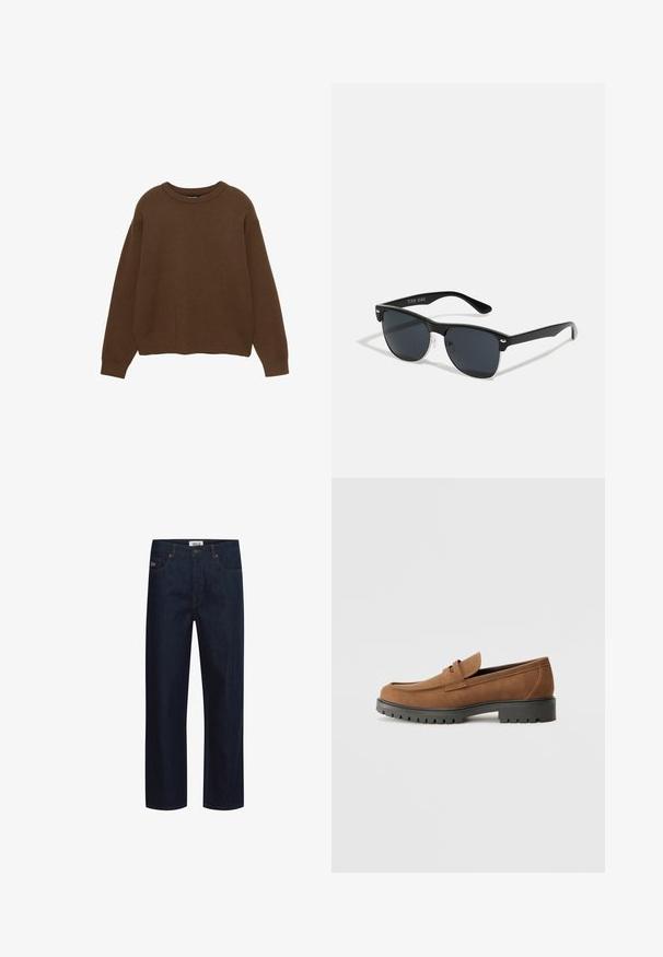Rjav pleteni pulover z okroglo izrezom, dolgimi rokavi in sproščenim krojem. Gladka tekstura z rebrastimi manšetami in obrobo.; Temno modre kavbojke iz jeansa z ravnimi hlačnicami, z vpetimi petimi žepi, kontrastnim šivom in označeno etiketo na pasu.; Bordaste usnjene loafers z zaobljenim nosom in nizkim temnim gumijastim podplatom, z okrasnim trakcem in šivi na zgornjem delu.; Črne sončne naočare pravokotne oblike, temna leča, srebrni detajli na ušesih in mat površina na okvirju.