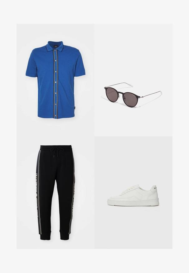 Felpa nera con cappuccio, strisce orizzontali bianche e testo "Emporio Armani Milano" ricamato sul petto.; PS Paul Smith BUTTON FRONT - Camicia - blue; Pantaloni jogger neri con vita elastica, cordino, tasche laterali, polsini a costine e testo "Emporio Armani" bianco lungo le strisce laterali.; Sneaker in pelle bianca con una finitura liscia, punta rotonda, lacci piatti e suola testurizzata. Presenta un logo discreto sul tallone.; Occhiali da sole neri rotondi con lenti scure e sottili bracci in metallo. Include punte trasparenti e accenti argentati alla cerniera. Design minimalista.