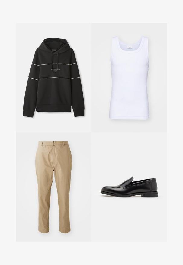Černá mikina s kapucí a bílými horizontálními pruhy, s vyšívaným textem "Emporio Armani Milano" na hrudi.; Bílé bavlněné tílko bez rukávů s kulatým výstřihem, s hladkou texturou a přiléhavým střihem, navržené pro volnočasové nošení.; Béžové chinos kalhoty s hladkým bavlněným směsovým materiálem, v úzkém střihu, s plochým předním dílem, poutky na pásek a jednoduchou stříbrnou sponou v minimalistickém designu.; Černé kožené polobotky s hladkou texturou, zaoblenou špičkou a zdobným páskem přes nárt. Nízký stohovaný podpatek, minimalistický design.