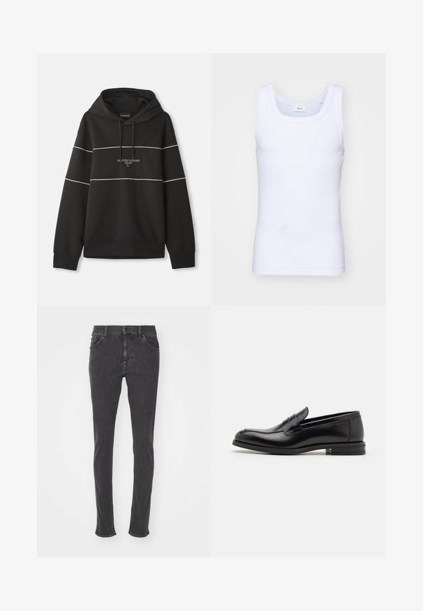 Musta kapuutsiga sweatshirt, millel on valged horisontaalsed triibud ja rinnal on brodeeritud tekst "Emporio Armani Milano".; Valge puuvillane golfi särk ilma varrukateta, ümmarguse kaelusega, sileda tekstuuri ja sobiva lõikega, mõeldud igapäevaseks kandmiseks.; Mustad teksapüksid kitsas lõikega, viie tasku ja kontrastõmblustega. Varustatud nööblukuga ja vööaasadega.; Mustad mustad nahast loafers sileda tekstuuriga, ümarat ninaosa ja dekoratiivne riba vampi üle. Madal kihiline konts, minimalistlik disain.