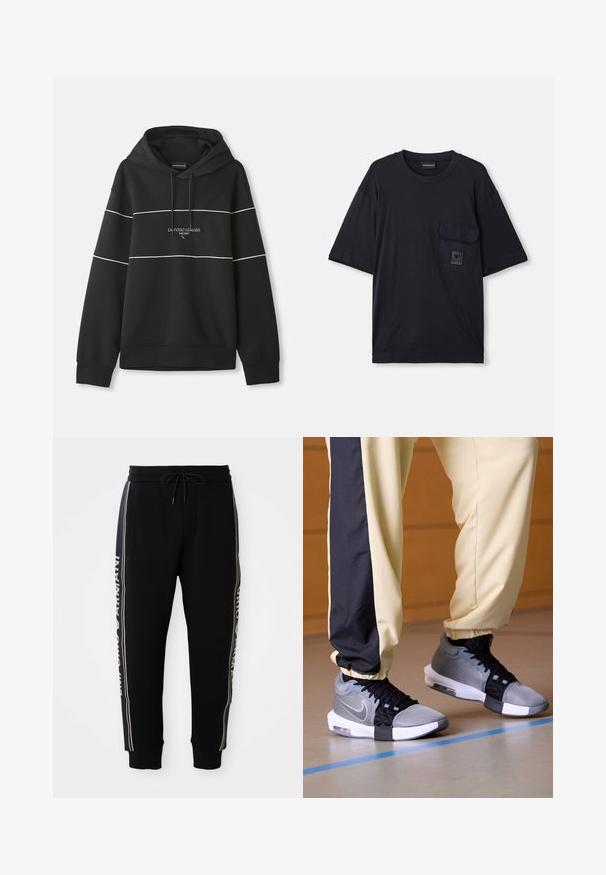 Musta kapuutsiga sweatshirt, millel on valged horisontaalsed triibud ja rinnal on brodeeritud tekst "Emporio Armani Milano".; Mustaga lühikese varrukaga ümaraks kaeluseks T-särk, millel on vasakul rinnal klapiga tasku, millel on väike ristkülikukujuline logo silt.; Mustad jogger püksid elastse vöökoha, paelaga, küljetaskutega, ribakantidega ja valge "Emporio Armani" tekstiga külgriietel.; Hallid ja mustad spordijalatsid, mis on valmistatud võrkmaterjalist ja tekstiilist, valge tallaga ja nööridega, kantud kollaste ja mustade pükstega.