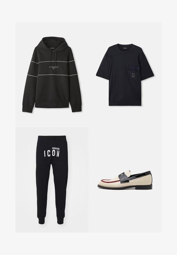 Sudadera con capucha negra con franjas horizontales blancas y texto "Emporio Armani Milano" bordado en el pecho.; Camiseta negra de manga corta con cuello redondo y un bolsillo con solapa en el lado izquierdo del pecho, que presenta un pequeño parche rectangular con el logo.; Pantalones de chándal negros con una textura suave, piernas estrechas y bolsillos. En la parte trasera se muestra "DSQUARED2 ICON" en letras blancas en negrita.; Mocasines beige con patrón grabado, franja de acento roja y tacón negro brillante. Cuenta con una correa con detalle de hebilla. Suela plana negra.
