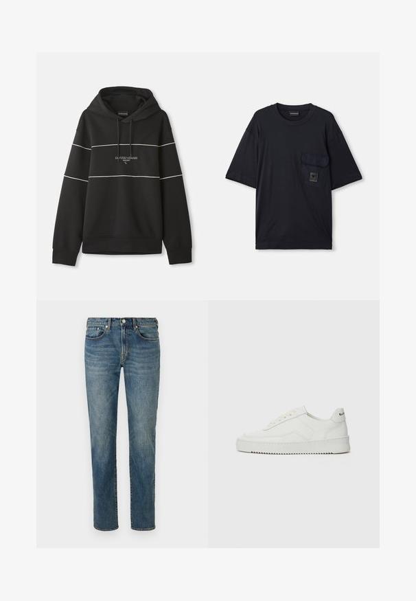 Sweatshirt preto com capuz, apresentando riscas horizontais brancas e o texto "Emporio Armani Milano" bordado no peito.; T-shirt preto de manga curta com decote redondo e um bolso com aba no lado esquerdo do peito, apresentando um pequeno patch retangular de logotipo.; Jeans de ganga azuis com um design de perna reta, apresentando um fecho frontal por botão, estilo de cinco bolsos e um desvanecimento subtil ao longo das coxas.; Sapatilha de couro branco com acabamento suave, bico redondo, atacadores planos e uma sola texturizada. Apresenta um logotipo discreto no calcanhar.