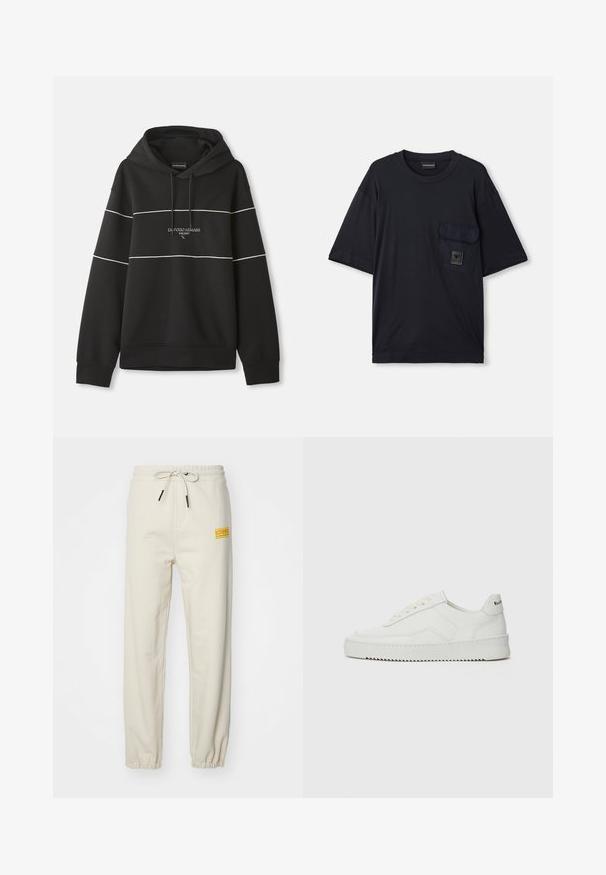 Black hooded sweatshirt with white horizontal stripes and "Emporio Armani Milano" text embroidered on the chest.; Black short-sleeve crew neck T-shirt with a flap pocket on the left chest featuring a small rectangular logo patch.; Iceberg PANTALONE - Tracksuit bottoms - polvere; White leather sneaker with a smooth finish, round toe, flat laces, and a textured sole. Features a subtle logo on the heel.