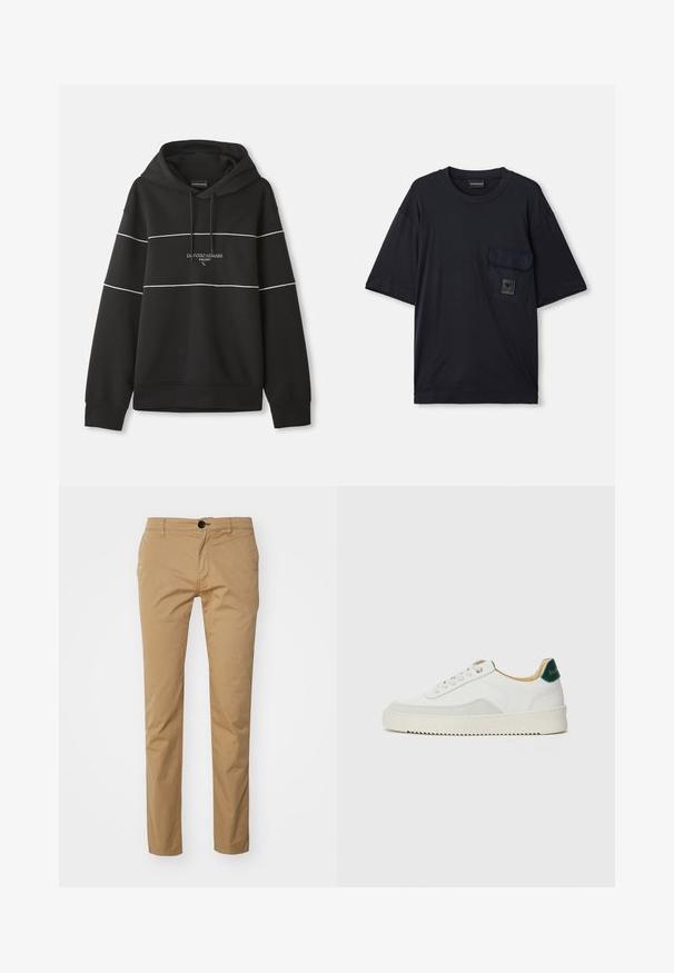 Schwarzer Kapuzenpullover mit weißen horizontalen Streifen und dem aufgestickten Text "Emporio Armani Milano" auf der Brust.; Schwarzes kurzärmliges T-Shirt mit Rundhalsausschnitt und einer aufgesetzten Tasche auf der linken Brust, die mit einem kleinen rechteckigen Logo-Patch versehen ist.; Beige Baumwollhose mit schmaler Passform, ausgestattet mit einem einzelnen Knopfverschluss, frontalen Taschen und einer glatten Textur. Flaches Vorderdesign.; Weiße Sneaker mit Wildlederelementen, runder Zehenpartie, flachen Schnürsenkeln und einer cremefarbenen Gummisohle. Mit grünen Markenlogo am Fersenbereich.