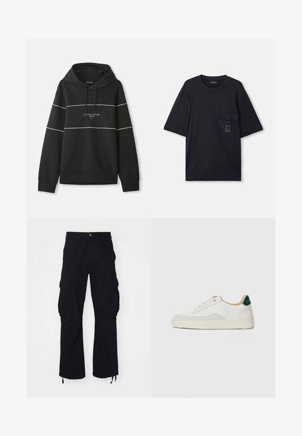 Black hooded sweatshirt with white horizontal stripes and "Emporio Armani Milano" text embroidered on the chest.; Black short-sleeve crew neck T-shirt with a flap pocket on the left chest featuring a small rectangular logo patch.; Black cargo pants made of cotton, featuring two large side pockets, drawstring hems, and a straight-leg design.; White sneaker with suede accents, rounded toe, flat laces, and a cream rubber sole. Features green branding on the heel.