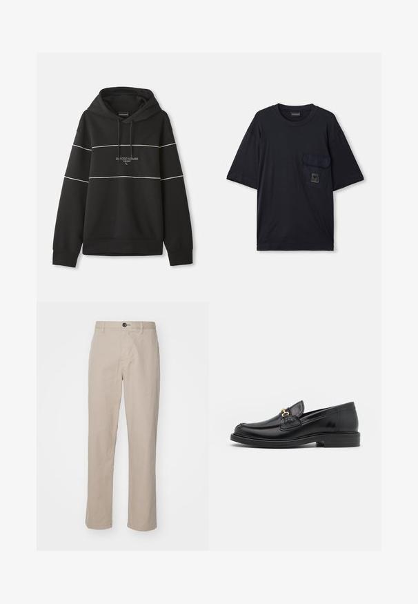 Čierna mikina s kapucňou a bielymi horizontálnymi pruhmi, s nápisom "Emporio Armani Milano" vyšitým na hrudi.; Čierne tričko s krátkym rukávom a okrúhlym výstrihom, s klopovým vreckom na ľavej hrudi, na ktorom sa nachádza malá obdĺžniková nášivka s logom.; Béžové rovné nohavice z ľahkej tkaniny s gombíkovým zapínaním a jemnými detailmi šitia. Hladký predný diel s bočnými vreckami.; Čierne kožené loafers so zaoblenou špičkou, s pozlátenými kovovými prvkami a detailným šitím, uložené na nízkej, textúrovanej gumenej podrážke.