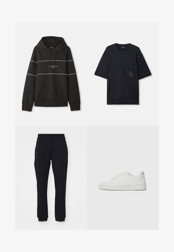 Hanorac negru cu glugă, cu dungi albe orizontale și textul "Emporio Armani Milano" brodat pe piept.; Tricou negru cu mânecă scurtă, de tip crew neck, cu un buzunar cu clapă pe partea stângă a pieptului, având o mică etichetă rectangulară cu logo.; Pantaloni de sport negri dintr-un material moale, cu un talie elastică, prevăzută cu șnur și manșete ribbate la glezne.; Sneakers din piele albă cu un finisaj neted, vârf rotund, șireturi plate și o talpă texturată. Prezintă un logo subtil pe călcâi.