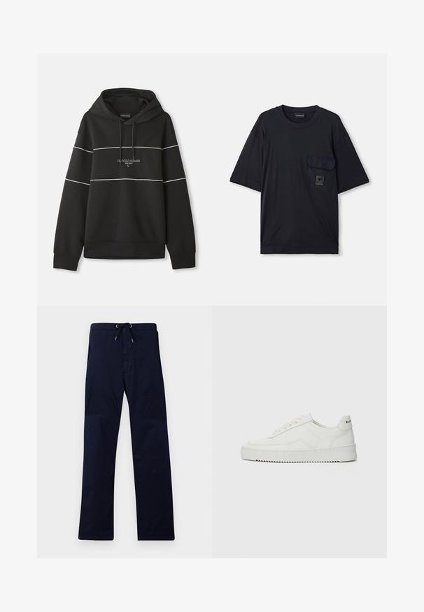 Zwarte hoodie met witte horizontale strepen en "Emporio Armani Milano" tekst geborduurd op de borst.; Zwarte T-shirt met korte mouwen en ronde hals, voorzien van een klepzak aan de linkerkant van de borst met een klein rechthoekig logo-embleem.; Navyblauwe broek met een trekband in de taille, recht poten design en een gladde textuur. Voorzien van zijzakken en versterkte stiksels.; Witte leren sneaker met een gladde afwerking, ronde neus, platte veters en een gestructureerde zool. Kenmerkt zich door een subtiel logo op de hiel.