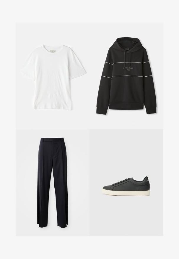 Sudadera con capucha negra con franjas horizontales blancas y texto "Emporio Armani Milano" bordado en el pecho.; Camiseta blanca de algodón con cuello redondo, mangas cortas y un corte relajado. Presenta un acabado texturizado. Etiqueta visible en el interior del cuello.; Pantalones negros de tiro alto con corte de pierna ancha, confeccionados en una tela suave. Presenta pliegues en la parte delantera y trabillas para cinturón. Diseño minimalista, sin hardware visible.; Zapatilla negra de cuero con perfil bajo, punta redondeada y cierre de cordones; cuenta con una suela de goma texturizada y detalle del logo en el talón.