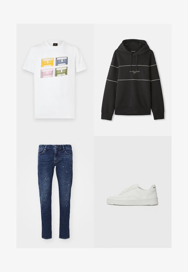 Svart hettegenser med hvite horisontale striper og "Emporio Armani Milano" broderi på brystet.; Hvit bomulls t-skjorte med fire fargerike kasetter (gul, blå, rosa, grønn) med distinkte retrodesign og etiketter trykt på forsiden.; Mørkeblå denimjeans med smal passform, som har malingsplatter, synlige sømmer og standard fem-lomme design. Rett benkutt.; Hvite lærersneakers med en jevn overflate, rund tå, flate lisser og en teksturert såle. Har en subtil logo på hælen.