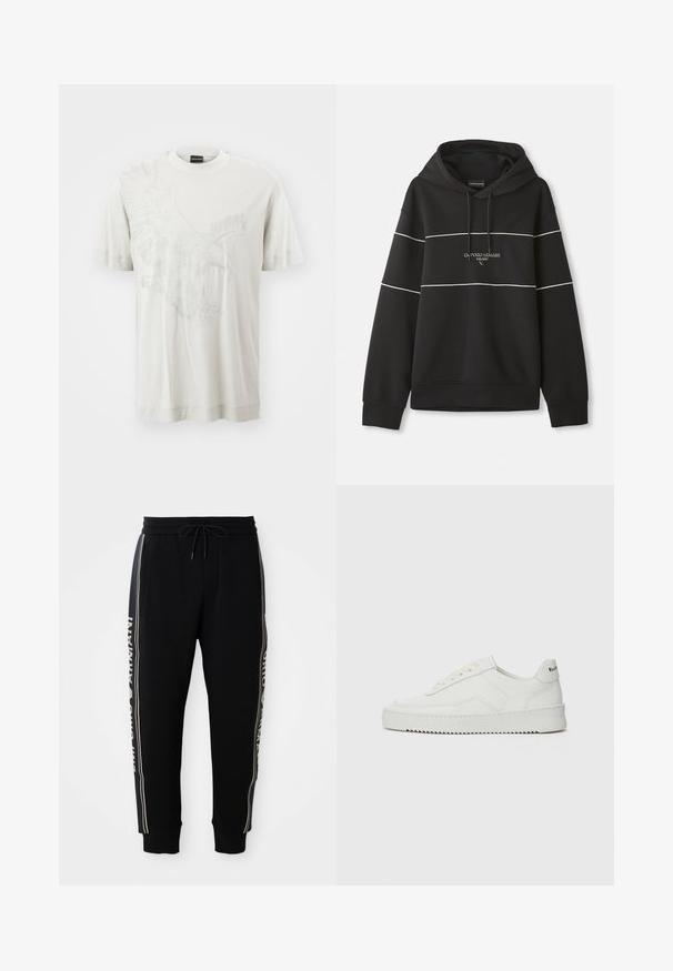 Melna kapuce ar baltām horizontālām svītrām un uz krūtīm izšūts teksts "Emporio Armani Milano".; Emporio Armani Apdrukāts T-krekls - silver cloud; Melnas sporta bikses ar elastīgu jostasvietu, auklu, sānu kabatām, ribotām piedurknēm un baltu "Emporio Armani" tekstu gar sānu svītrām.; Baltas ādas sneakers ar gludu virsmu, apaļu pirkstu daļu, plakaniem šņorēm un teksturētu zoli. Satur diskrētu logotipu uz papēža.