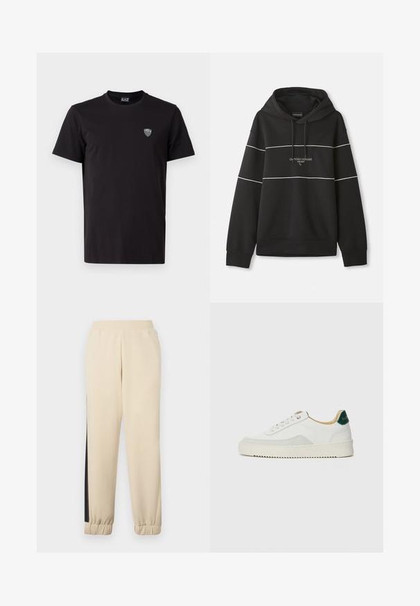 Črna kapucinska majica s snežno belimi vodoravnimi črtami in izvezenim napisom "Emporio Armani Milano" na prsi.; Črna majica s kratkimi rokavi iz gladkega materiala, s subtilnim vezenim logotipom na levem prsnem delu in klasičnim krojem vratu.; Kremne kulot hlače z črnimi stranskimi črtami, elastičnim pasom in rebrastimi manšetami. Mehka tkanina z udobnim krojem.; Bela trenerka z zaključki iz semiša, okroglo konico, ravne vezalke in kremna gumijasta podplata. Ima zeleno blagovno znamko na peti.