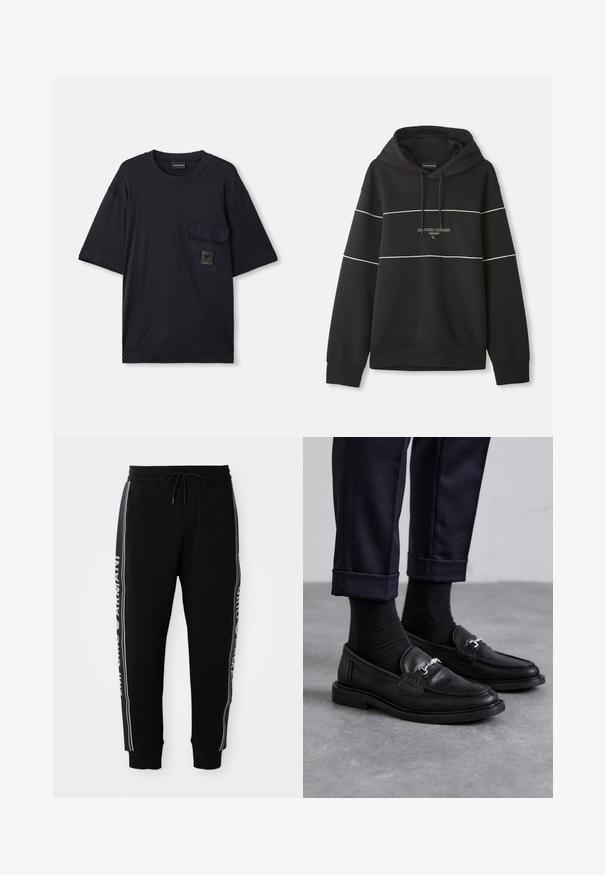 Sudadera con capucha negra con franjas horizontales blancas y texto "Emporio Armani Milano" bordado en el pecho.; Camiseta negra de manga corta con cuello redondo y un bolsillo con solapa en el lado izquierdo del pecho, que presenta un pequeño parche rectangular con el logo.; Pantalones jogger negros con cinta elástica en la cintura, cordón ajustable, bolsillos laterales, puños acanalados y texto blanco "Emporio Armani" a lo largo de las franjas laterales.; Moccasines de cuero negro con un acabado texturizado, detalle de herrajes plateados, combinados con calcetines oscuros y pantalones de corte navy con dobladillo.