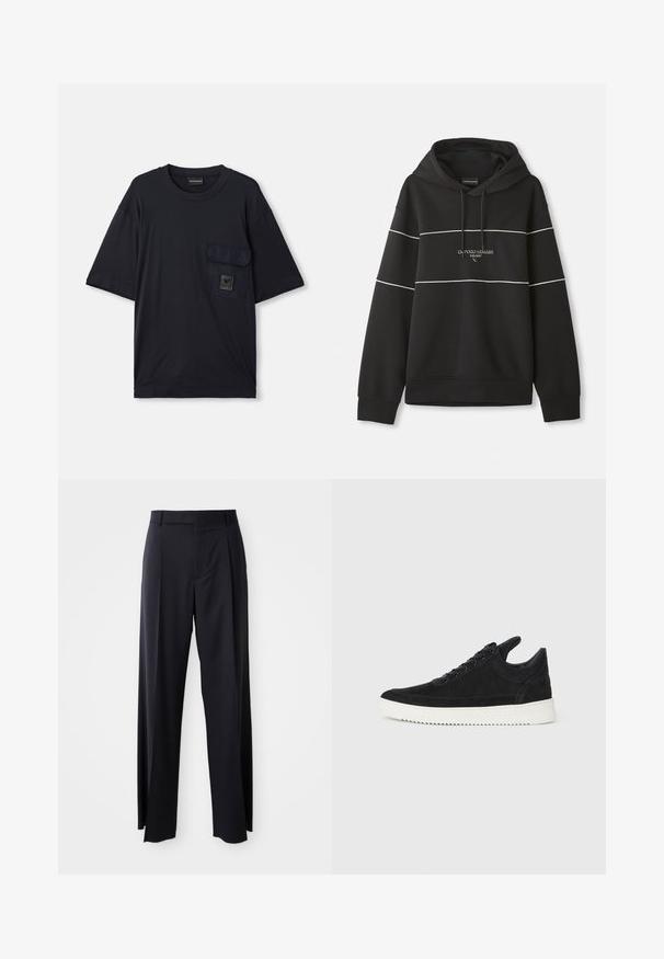 Juodas gobtuvas su baltais horizontaliais dryžiais ir siuvinėtu tekstu "Emporio Armani Milano" ant krūtinės.; Juodas trumpas rankovės marškinėlis su apvalia kaklo iškirpte, su kišene kairėje krūtinės pusėje, ant kurios yra mažas stačiakampio formos logotipas.; Juodi, aukštai užtraukiami kelnių modeliai su plačiomis kojomis, pagaminti iš lygaus audinio. Yra priekiniai raukšlės ir diržo kilpos. Minimalistinio dizaino, be matomų detalių.; Juodų suede sportbačių su balta gumine padu, su toniniais siuvinėjimais ir raištelių užsegimu. Sklandus paviršius su šiuolaikine, laiko forma.