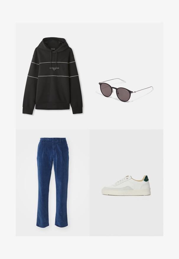 Sweatshirt preto com capuz, apresentando riscas horizontais brancas e o texto "Emporio Armani Milano" bordado no peito.; Calças de veludo cotelê azuis com um design de perna reta, apresentando pregas frontais e uma superfície texturizada. Sem hardware ou acentos visíveis.; Tênis brancos com detalhes em camurça, bico arredondado, atacadores planos e sola de borracha creme. Apresenta uma marcação verde no calcanhar.; Óculos de sol redondos pretos com lentes escuras e hastes metálicas finas. Inclui pontas de templo transparentes e detalhes em prata na dobradiça. Design minimalista.