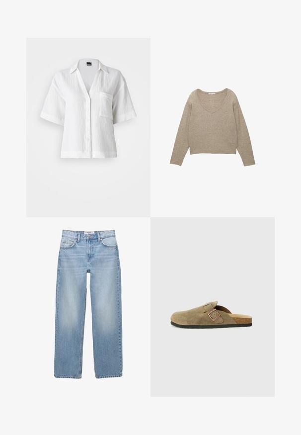 V-ringad tröja i ljusbeige, med långa ärmar och en kort klippning; tillverkad av mjukt, texturerat tyg med en avslappnad passform.; Gina Tricot GAUZE SHORT SLEEVE - Skjorta - white; Ljust blå denimjeans med rak bendesign, femficksmodell och synliga sömnadsdetaljer. Tyget har en mjuk, något urtvättad textur.; Mockasinstiltoffel i olivgrönt med en smal rem och detalj med metallspänne. Har en fotbädd av kork och svart gummisula.
