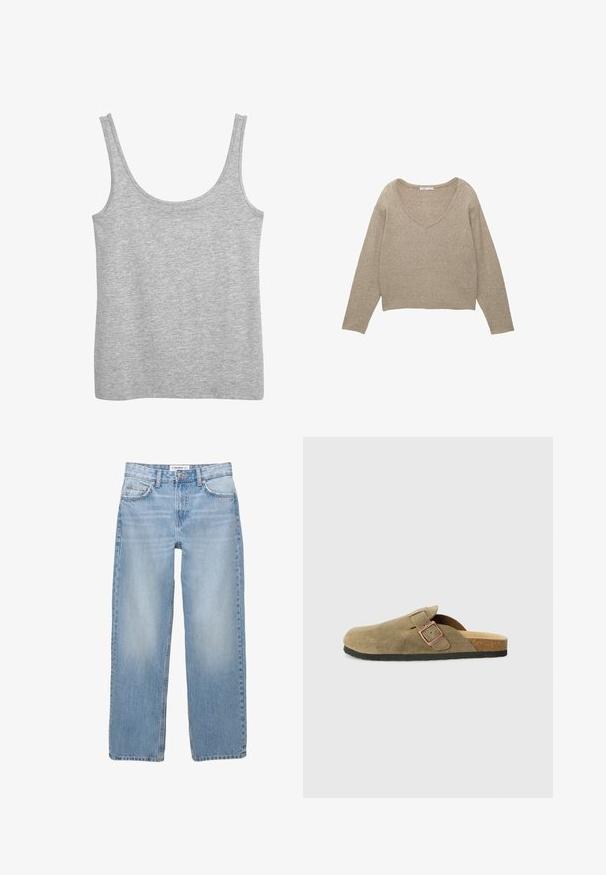 Sveter s výstrihom do V v svetlej béžovej farbe, s dlhými rukávmi a skráteným strihom; vyrobený z mäkkého, textúrovaného materiálu s uvoľneným strihom.; Šedý tielko vyrobené z jemnej bavlny, s širokými ramennými popruhmi a výstrihom do U. Hladká textúra a bez viditeľných vzorov.; Svetlomodré džínsy s rovnými nohavicami, päť vrecovými detailmi a viditeľným šitím. Tkanina má mäkkú, jemne vyblednutú textúru.; Papučka v štýle dreváka zo semišu v olivovo zelenej farbe s úzkym remienkom a detailom kovovej pracky. Má korkovú stielku a čiernu gumovú podrážku.