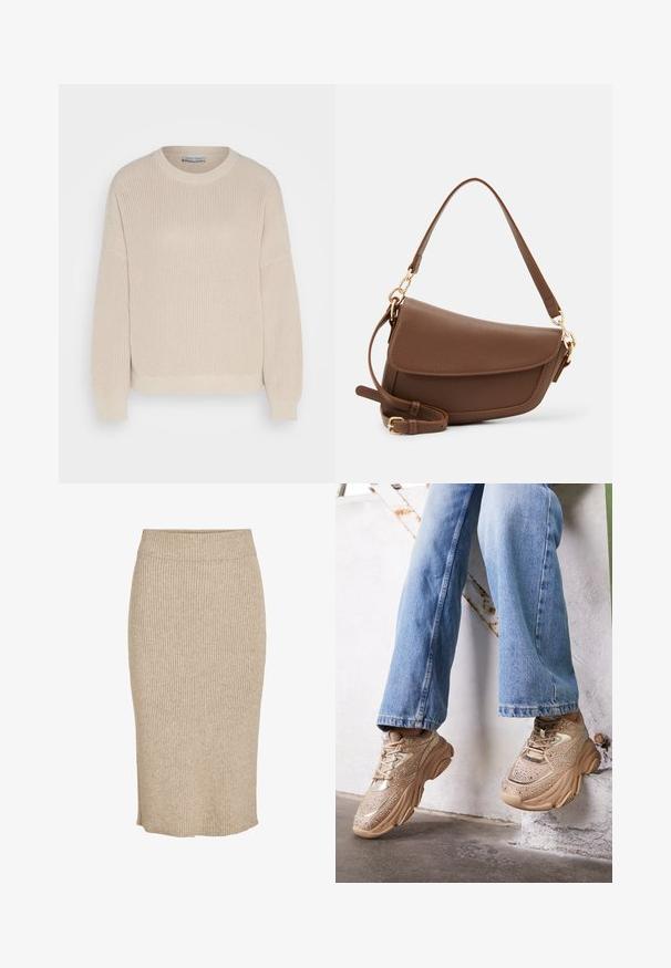 Anna Field Pullover - grey; Jupe tricotée de couleur beige clair avec une texture à côtes verticales, longueur genoux avec une taille élastique et une coupe droite.; Baskets beiges avec des accents métalliques, un design texturé et des détails en strass, assorties à un jean slim bleu clair.; Sac à épaule en cuir marron avec une finition texturée, forme courbée, quincaillerie dorée, bandoulière réglable et fermeture à rabat.