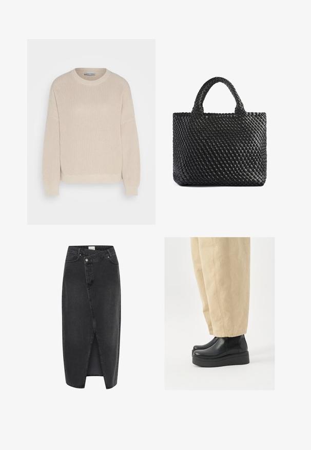Anna Field Pullover - grey; Jupe midi en denim noir avec une fente frontale, une coupe structurée et un design classique à cinq poches. Elle a une fermeture à bouton et à zip.; Bottes noires en cuir au niveau de la cheville avec une semelle plateforme noire épaisse, dotées de panneaux latéraux élastiques et d'une finition brillante élégante. Portées avec un pantalon beige.; Sac fourre-tout tissé noir avec deux poignées, présentant une surface texturée et une forme rectangulaire. Design simple et unique sans quincaillerie visible.