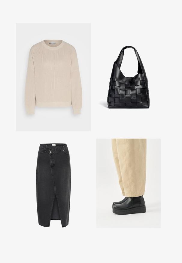 Anna Field Džemperis - grey; Juodas džinsinis midi sijonas su priekine skyle, struktūruotas siluetas ir klasikinis penkių kišenių dizainas. Yra mygtukas ir užtrauktukas.; Juodi odiniai auliniai batai iki kulkšnies, su apvaliu nosiu ir plataforma. Derinami su smėlio spalvos plačiomis kelnėmis, kurios turi matomus siuvimo detalizavimus.; Juodas odinis pynimo stiliaus pirkinių maišas su laisva forma ir plačiu peties diržu. Pasižymi tekstūruotu, persipinimu sukurto dizaino ir lygaus paviršiaus.