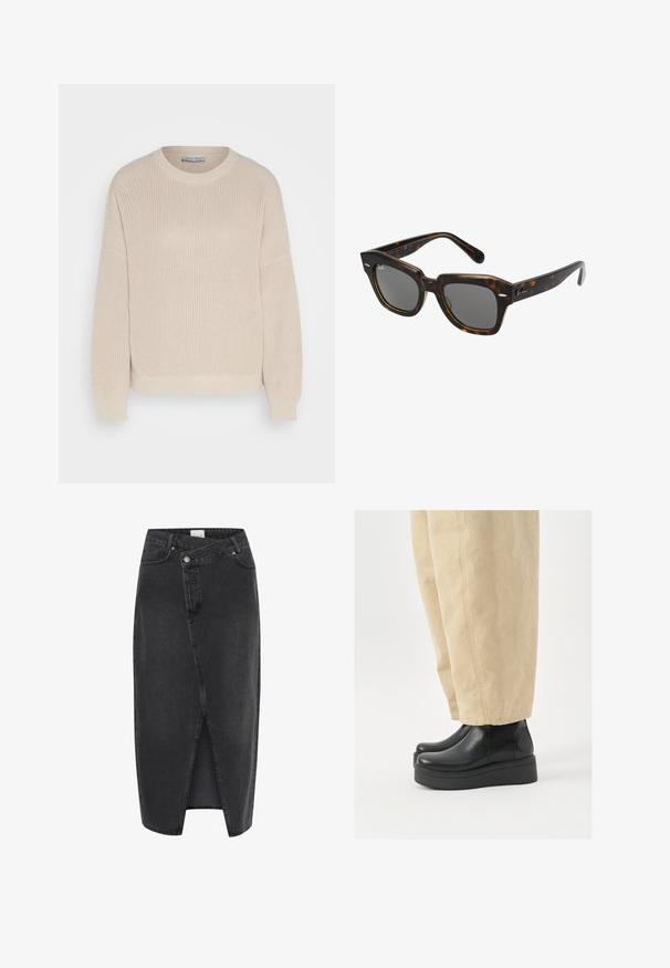 Anna Field Pullover - grey; Jupe midi en denim noir avec une fente frontale, une coupe structurée et un design classique à cinq poches. Elle a une fermeture à bouton et à zip.; Bottes noires en cuir à mi-mollet avec un embout rond et une semelle plateforme. Associées à un pantalon large beige, avec des détails de couture visibles.; Lunettes de soleil rectangulaires avec une monture en plastique écaille de tortue, verres sombres et accents en métal argenté sur les côtés. Fabriquées en Italie.