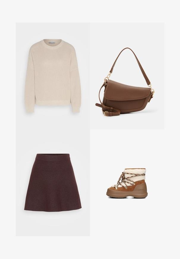 Anna Field Strickpullover - grey; Burgunderfarbene Strickrock mit ausgestelltem Design, breitem Bund und glatter Textur, in einheitlicher Farbe ohne Muster oder Akzente.; Braune Wildlederstiefel mit weißem Schaffellkragen, zweifarbigem Gummisohle und gemusterten Schnürsenkeln. Verfügt über Metallösen für einen sicheren Halt.; Braune Lederschultertasche mit strukturiertem Finish, geschwungener Form, goldfarbenen Beschlägen, verstellbarem Schulterriemen und Klappenverschluss.; Goldfarbene Creolen mit einer polierten, glatten Oberfläche und einer leichten Krümmung, ausgestattet mit einem sicheren Klappverschluss.