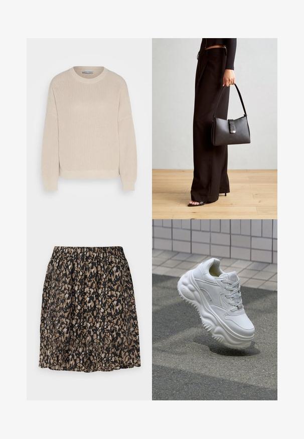 Anna Field Strickpullover - grey; Schwarze Rock mit einem verschwommenen, abstrakten Muster in Beige und Braun. Elastischer Bund, leichtes Material und knielange Gestaltung.; Weiße Leder-Sneaker mit einer massiven Sohle, strukturierten Details und Schnürverschluss. Verfügt über geformte Akzente und eine glatte Oberfläche.; Schwarze Handtasche mit strukturierter Form, glatter Textur und einem metallischen Verschluss. Kombiniert mit weiten schwarzen Hosen und offenen Sandalen auf einem Holzboden.