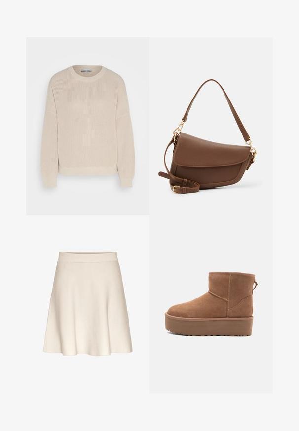 Anna Field Jersey de punto - grey; Una falda acampanada de color beige, hecha de una tela suave con una textura lisa, que presenta una cinturilla ancha y un dobladillo a la altura de la rodilla.; Botín de ante en color marrón claro con suela de plataforma, punta redondeada y detalles de costura; cuenta con una lengüeta en la parte trasera para facilitar su uso.; Bolso de hombro de cuero marrón con acabado texturizado, forma curvada, herrajes en tono dorado, correa ajustable y cierre de solapa.